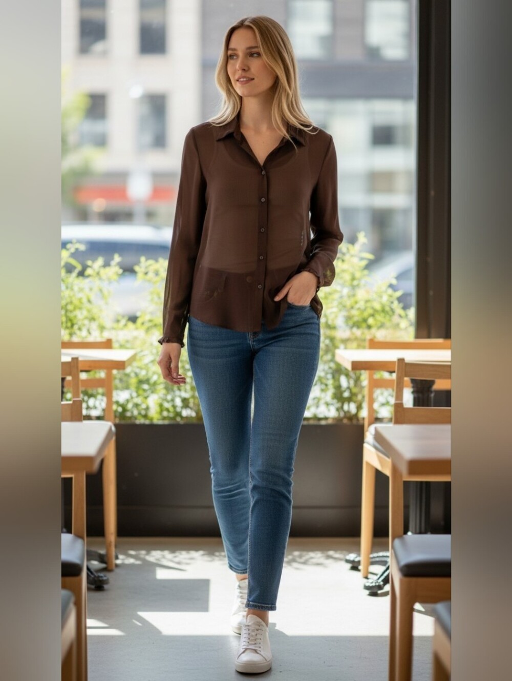 Lauren Ralph Lauren Brown Long Sleeve Button-Down Blouse Size 8 - Medium